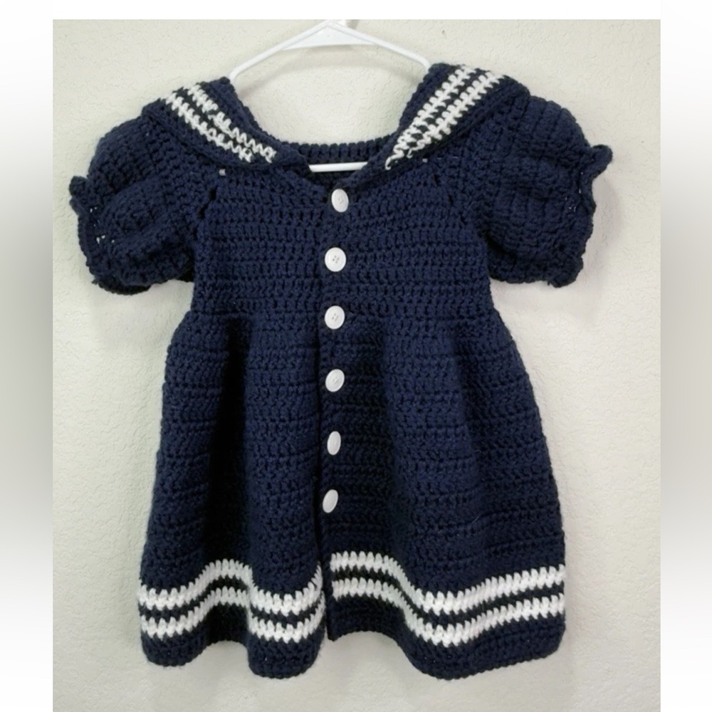 Vintage Crochet Navy Blue With White Stripes Button Sailor Dress 24 months